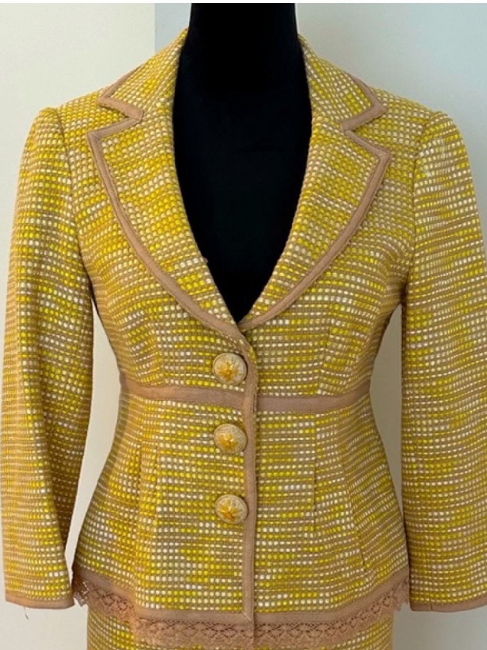 Vintage Y2K Nanette Lepore Tweed Peplum Jacket Lace Trim Size 6 USA